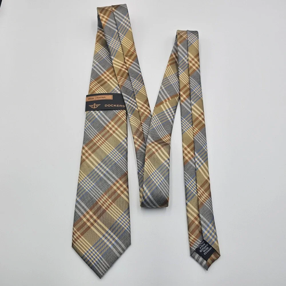 Dockers Slim Tie‎ Gold Gray Blue Plaid Tartan Silk Blend Hand Made Men's Necktie